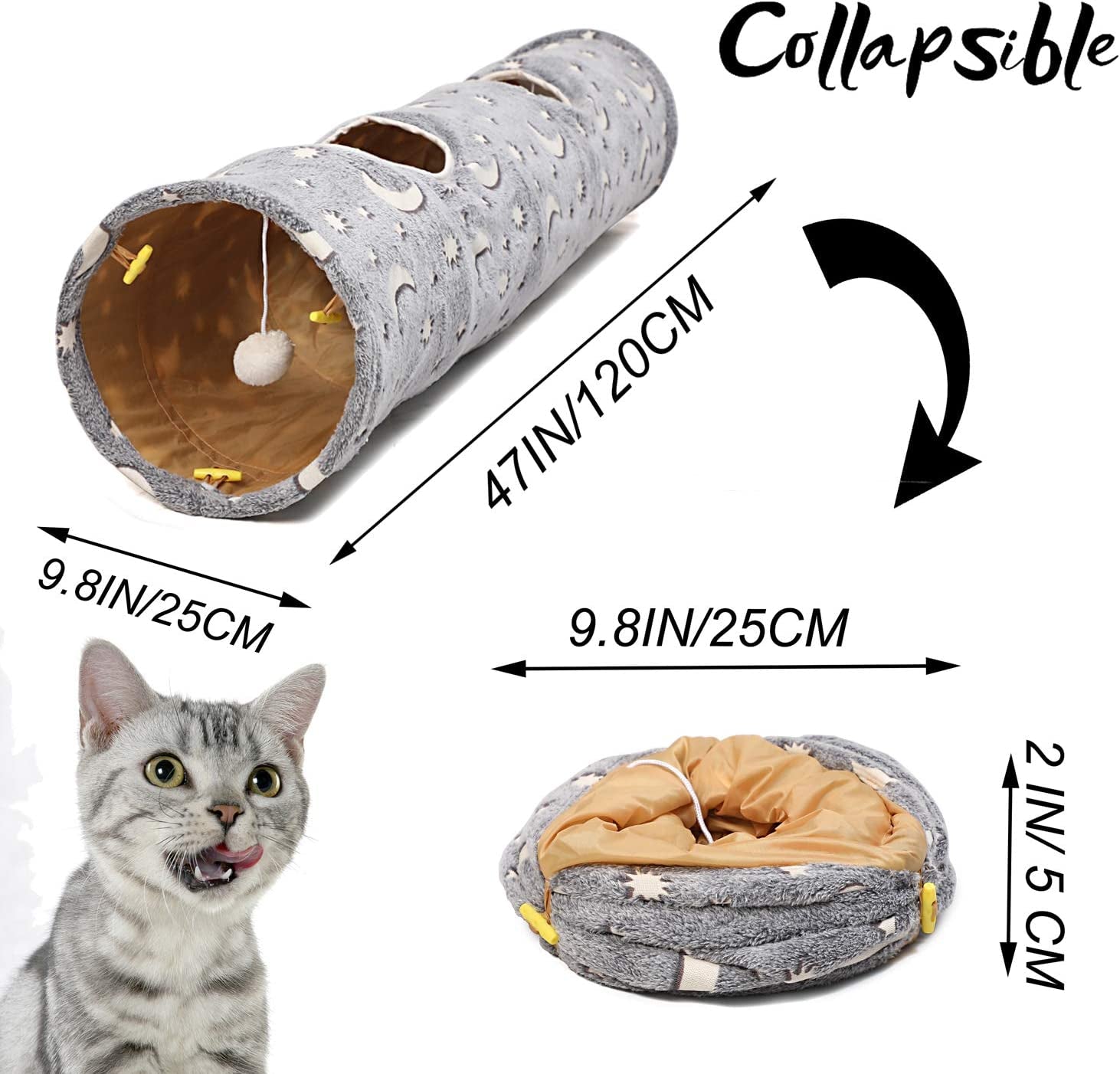 Cat Tunnel Tube with Plush Ball Toys Collapsible Self-Luminous Photoluminescence, for Small Animals Pets Bunny Rabbits, Kittens, Ferrets,Puppy and Dogs Grey Moon Star