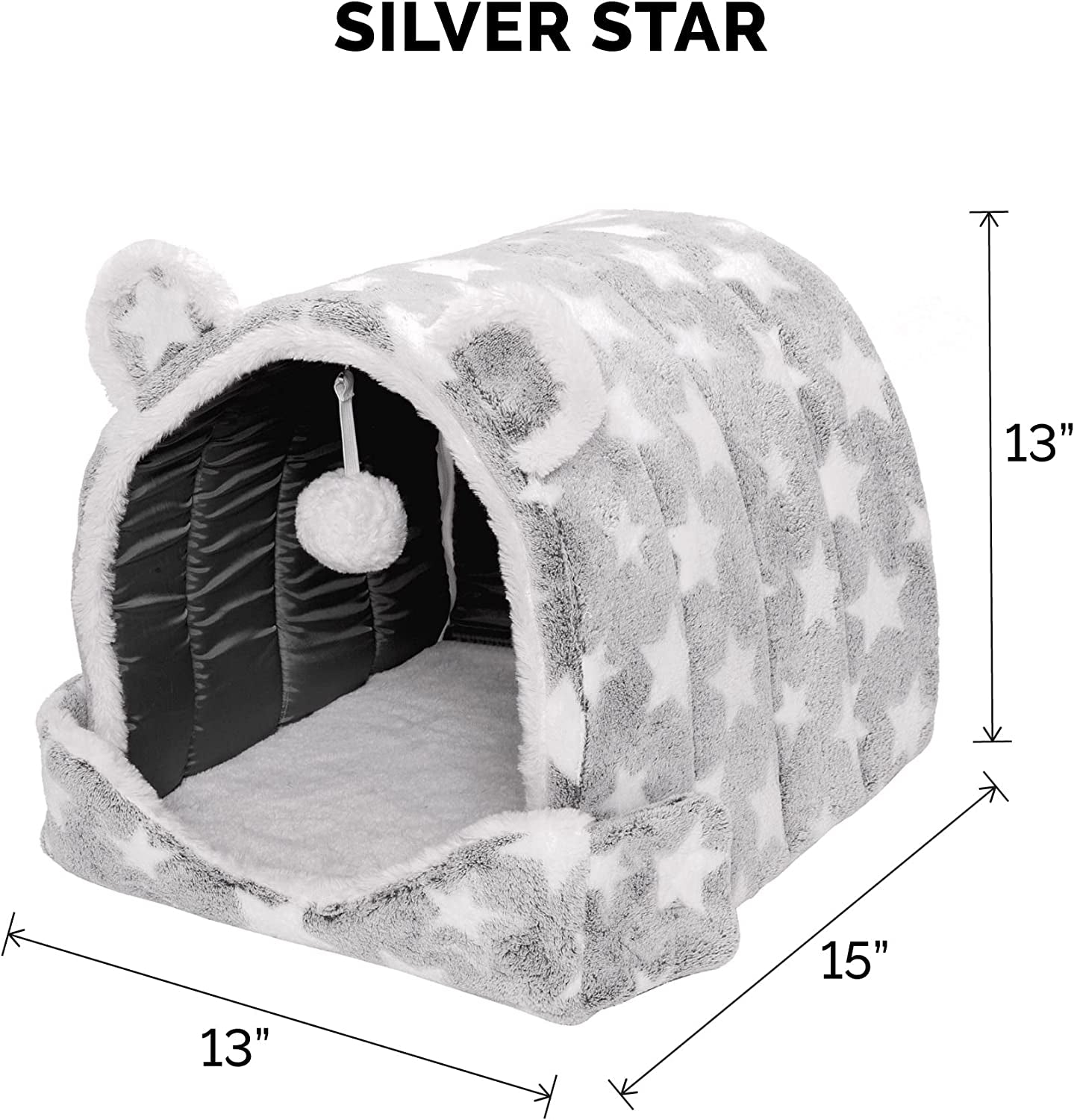 Pet Bed for Cats and Small Dogs - Cozy Cave-Bear Fleece and Faux Fur Cat Bed with Hanging Plush Ball Toy, Washable, Silver Stars, One Size