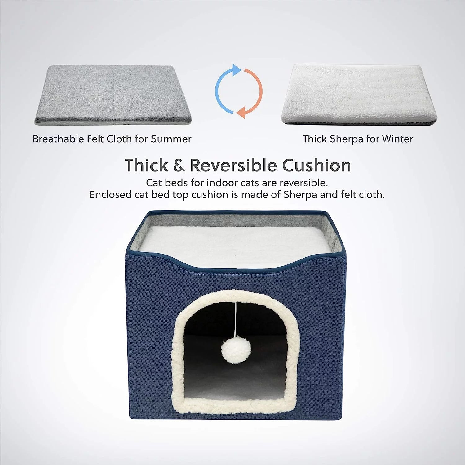 Cat Beds for Indoor Cats,  Large Cat Cave for Pet Cat House with 2 Cushion, Cute Modern Cat Igloo with Ball Hanging and Scratch Pad for Multi Small Pet Large Kitten Kitty, Grey