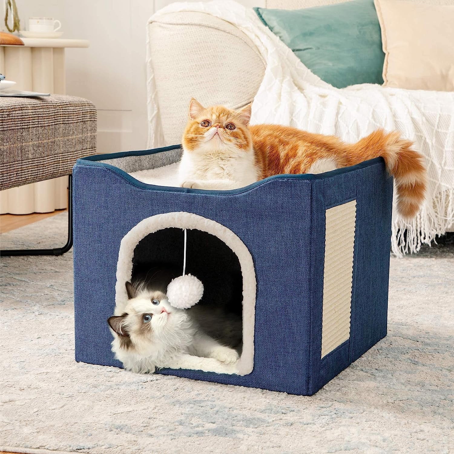 Cat Beds for Indoor Cats,  Large Cat Cave for Pet Cat House with 2 Cushion, Cute Modern Cat Igloo with Ball Hanging and Scratch Pad for Multi Small Pet Large Kitten Kitty, Grey